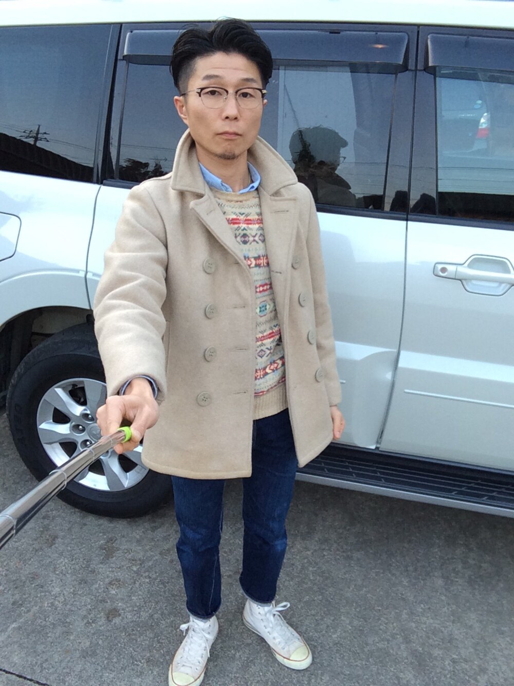 「ピーコート、SCHOTT、Ralph Lauren、Polo Ralph Lauren、セーター、フェアアイル、デニム、The Flat Head、セルビッチデニム、ベージュコーデ」｜「schottのピーコート（ピーコート、ベージュ系）」を使った、NOSERIDERRR さん（メンズ・165cm）の冬コーディネートの1枚目の写真