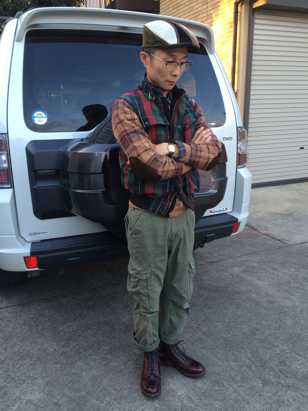 「new york hat、Ralph Lauren、Polo Ralph Lauren、カーゴパンツ、ダウンベスト、チェック柄、RED WING、レッドウィング、Hamilton、エルボーパッチ」｜「POLO RALPH LAURENのダウンベスト（ダウンベスト、グリーン系）」を使った、NOSERIDERRR さん（メンズ・165cm）の冬コーディネートの1枚目の写真