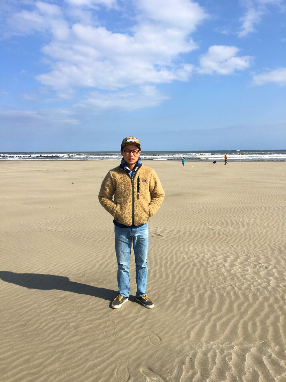 「VANS、patagonia、GU、ANTIBALLISTIC、キャップ、フリース、デニム、オーセンティック、もこもこ、サーフィン」｜「patagoniaのRetro-x cardigan 
（その他アウター、ベージュ系）」を使った、NOSERIDERRR さん（メンズ・165cm）の春コーディネートの1枚目の写真