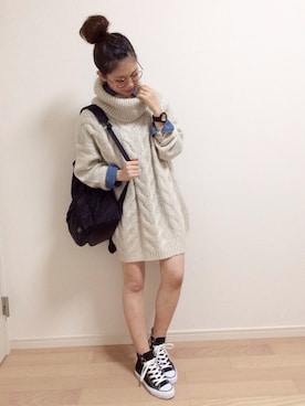 「Ungrid（アングリッド）の【Casual】ﾀｰﾄﾙｹｰﾌﾞﾙﾙｰｽﾞﾆｯﾄ（ニット/セーター）」を使った、mAy☆uMeさん（レディース・158cm）の秋コーディネート