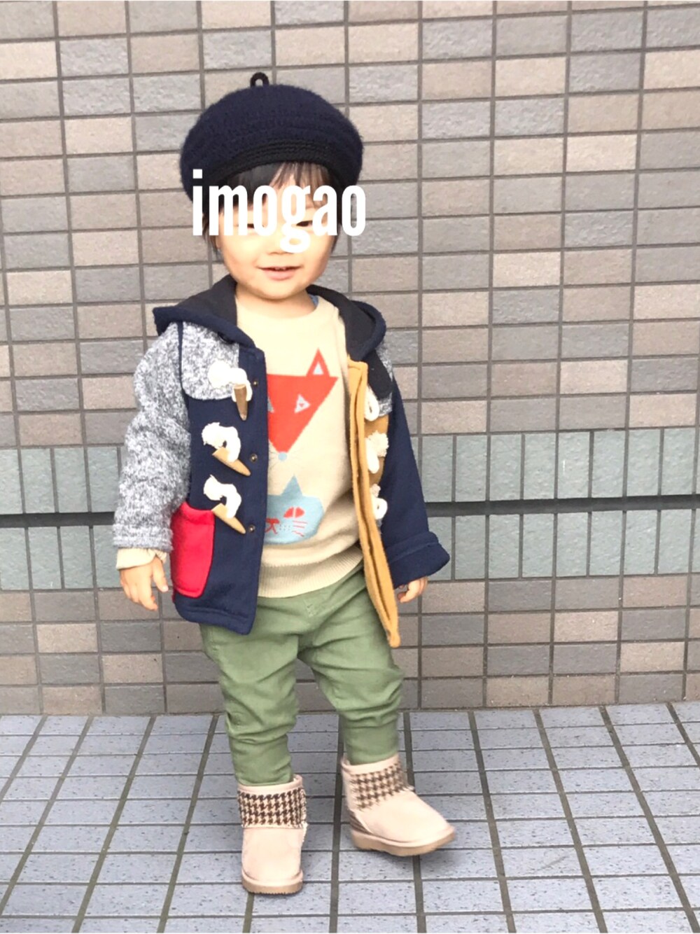 「BREEZEのアイテム（ダッフルコート、ブルー系）」を使った、Imogao( ¨̮ )BOYさん（キッズ・80cm）の秋コーディネートの1枚目の写真