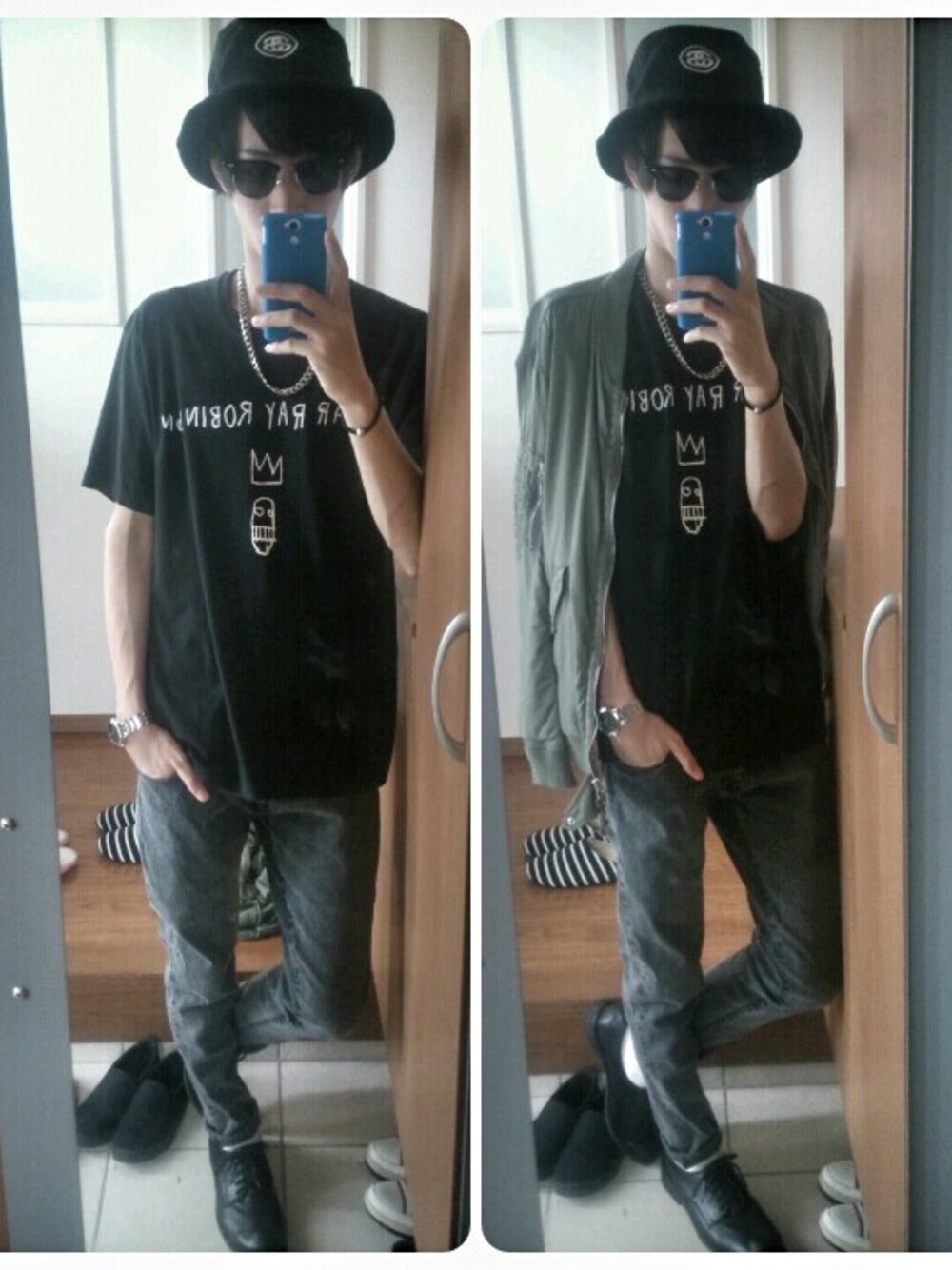 「黒スキニー、革靴、バケットハット、チェーンネックレス、サングラス、MA-1、バスキア、黒Tシャツ、ブラックコーデ、秋」｜「STUSSYのSS-Link Washed Crusher（ハット、ブラック系）」を使った、cさん（メンズ・174cm）の秋コーディネートの1枚目の写真