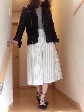 「ストライプパンツ」｜「アイテム（ライダースジャケット）」を使った、rico♡0727さん（レディース・149cm）の春コーディネート