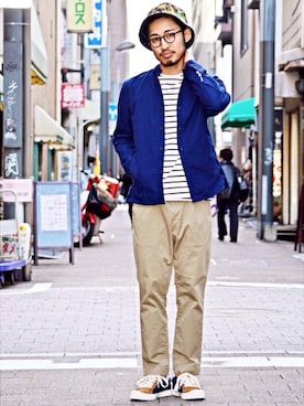 「黒縁メガネ」｜「アイテム（ノーカラージャケット）」を使った、Takamyさん（メンズ・172cm）の春コーディネート