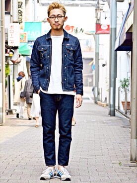 「金髪」｜「アイテム（デニムジャケット）」を使った、Takamyさん（メンズ・172cm）の春コーディネート
