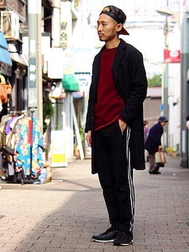 「ジャージーパンツ」｜「アイテム（チェスターコート）」を使った、Takamyさん（メンズ・172cm）の秋コーディネート