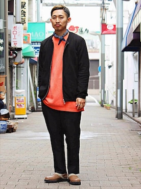 「バンダナ」｜「アイテム（ノーカラージャケット）」を使った、Takamyさん（メンズ・172cm）の春コーディネート
