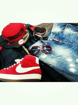 「GUCCI（グッチ）のアイテム（ファッション雑貨、レッド系）」を使った、こばひでさん（メンズ・175cm）の秋コーディネート