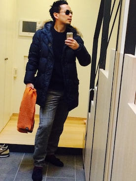 「アイテム（ドレスシューズ、ブルー系）」を使った、and9さん（メンズ・180cm）の冬コーディネート