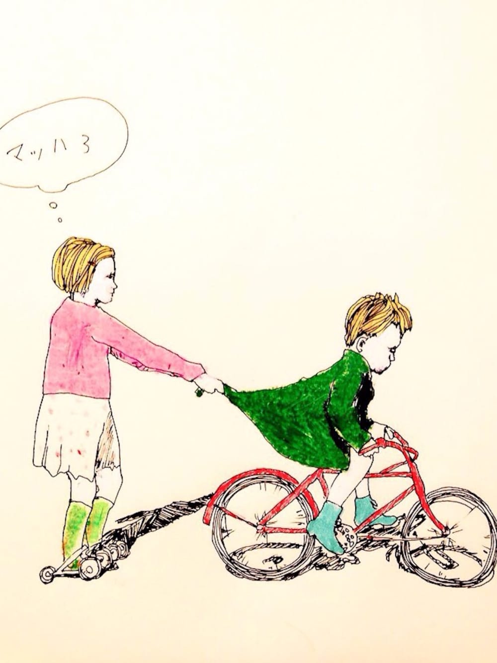「ポンチョ、自転車スタイル、長靴」｜「SULEBOXのアイテム（ポンチョ、グリーン系）」を使った、SULEBOXさん（メンズ・110cm）の春コーディネートの1枚目の写真