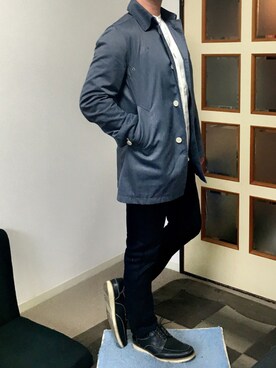「TAKA-Q（タカキュー）のアイテム（ステンカラーコート）」を使った、ぽろりさん（メンズ・170cm）の冬コーディネート