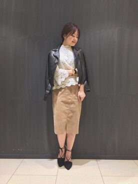 「Rouge vif（ルージュヴィフ）のアイテム（ライダースジャケット）」を使った、yamaさん（レディース・157cm）の秋コーディネート