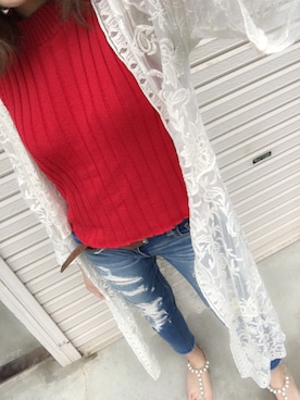 「アイテム（ベスト、レッド系）」を使った、yukiさん（レディース・155cm）の夏コーディネート