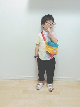 「アイテム（ボディバッグ/ウエストポーチ、イエロー系）」を使った、skylandさん（キッズ・100cm）の夏コーディネート