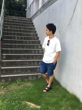 「WEGO（ウィゴー）のWEGO/ウェリントンタイプサングラス（サングラス）」を使った、ゆうりんごさん（メンズ・163cm）の夏コーディネート