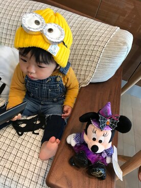「楽天のアイテム（Tシャツ/カットソー、イエロー系）」を使った、shunpiiiさん（キッズ・80cm）の秋コーディネート