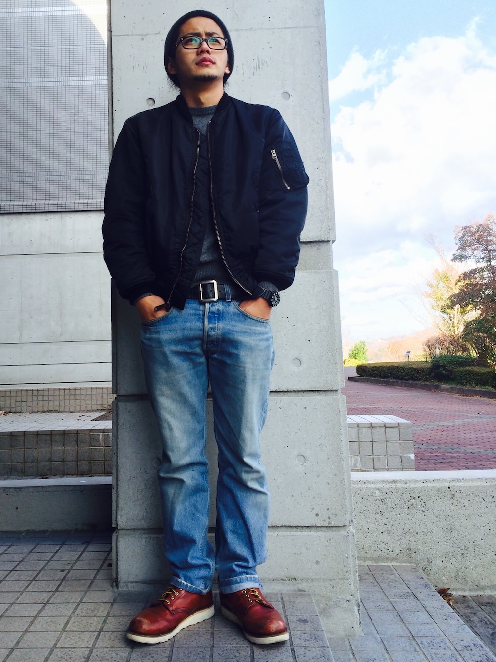 「アメカジ、MA-1、レッドウィング」｜「古着 MA-1のアイテム」を使った、林晃太朗さん（メンズ・172cm）の冬コーディネートの1枚目の写真