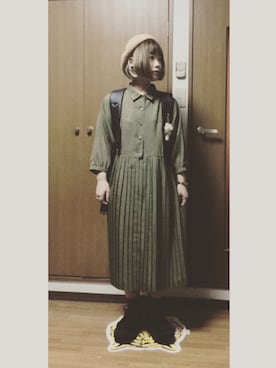 「USEDのアイテム（ワンピース、グリーン系）」を使った、柚子胡椒さん（レディース・155cm）の秋コーディネート