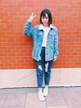 「WEAR」｜「アイテム（デニムジャケット）」を使った、RongRongりんさん（レディース・161cm）の冬コーディネート