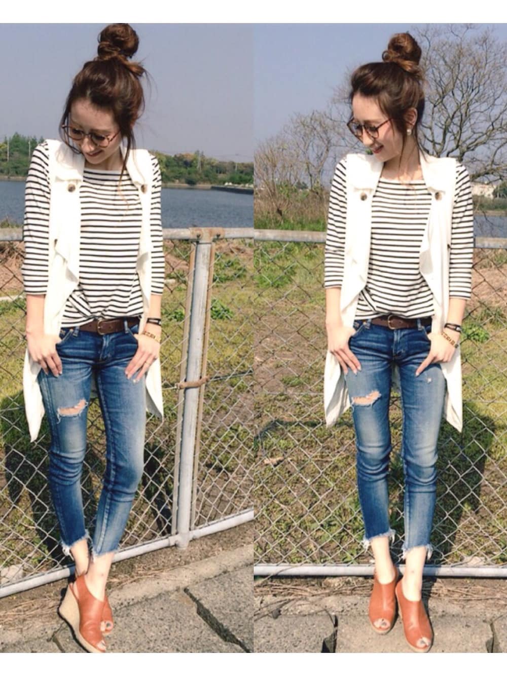 ブルー系のデニムパンツ、ブラウン系のサンダル、ブラック系のTシャツ/カットソーを着用したレディースの春コーディネートの1枚目の写真