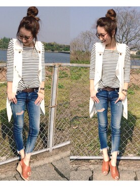 「Ungrid（アングリッド）のフレイドヘムストスリ（デニムパンツ）」を使った、asukaさん（レディース・163cm）の春コーディネート