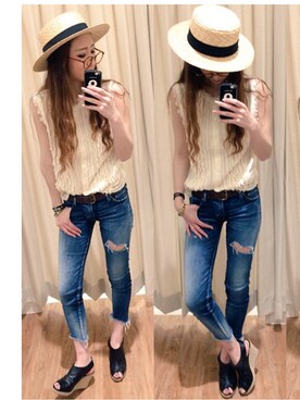 「Ungrid（アングリッド）のフレイドヘムストスリ（デニムパンツ）」を使った、asukaさん（レディース・163cm）の春コーディネート