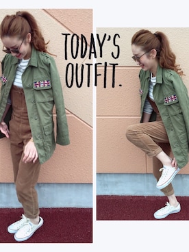 「SPINNS(スピンズ)のアイテム(サロペット/オーバーオール)」を使った、asukaさん(レディース・163cm)の秋コーディネート