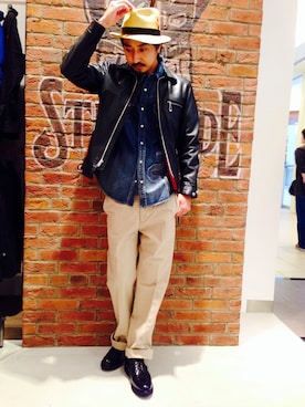 「ストローハット」｜「アイテム（ライダースジャケット）」を使った、idaさん（メンズ・179cm）の夏コーディネート
