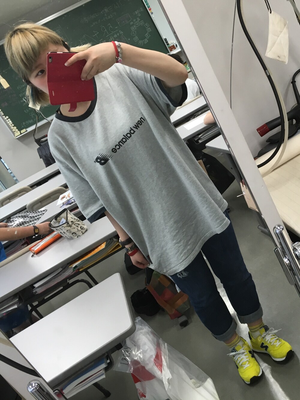 「ニューバランス、黄色、ニューバランスニューバランス、イエロー、summer、デニム、スポーツ、やる気、文化服装学院、運動会」｜「NEW BALANCEのNEW BALANCE  ニューバランス　WL574 POLO（スニーカー、イエロー系）」を使った、みわぴょんさん（レディース・165cm）の夏コーディネートの1枚目の写真
