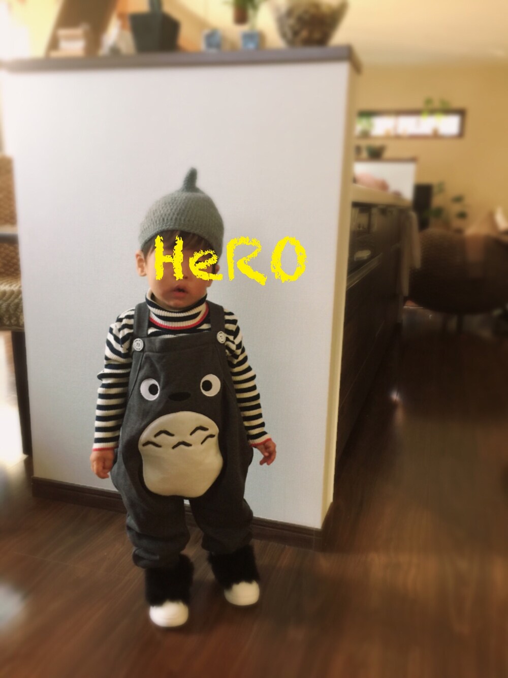 「キッズコーデ、男の子、トトロ、どんぐり帽、韓国子供服、1歳」｜「韓国子供服のアイテム（サロペット/オーバーオール、グレー系）」を使った、HeROさん（キッズ・80cm）の冬コーディネートの1枚目の写真