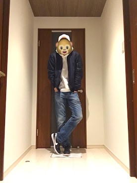 「GU（ジーユー）のアイテム（ブルゾン、ブルー系）」を使った、seriさん（メンズ・178cm）の冬コーディネート