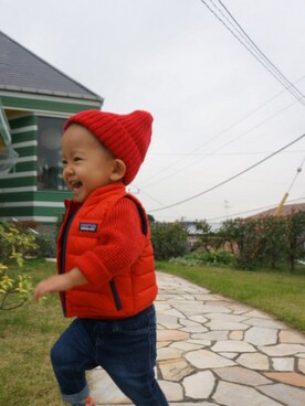 「THE NORTH FACE（ザノースフェイス）のアイテム（ハット、レッド系）」を使った、2a1o2さん（キッズ・70cm）の秋コーディネート
