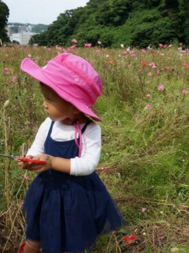 「THE NORTH FACE（ザノースフェイス）のアイテム（ハット、ピンク系）」を使った、2a1o2さん（キッズ・70cm）の夏コーディネート