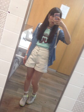 「Heather（ヘザー）のへザーSSハイウエストショートパンツ　559479（その他パンツ、ホワイト系）」を使った、ゆのみさん（レディース・157cm）の春コーディネート