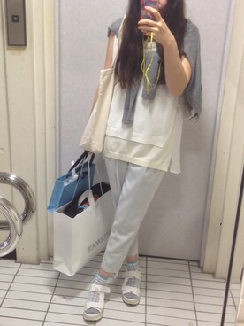 「STUDIOUS（ステュディオス）の【WRAPINKNOT】 別注レイヤードノースリーブTOP（Tシャツ/カットソー、ホワイト系）」を使った、ゆのみさん（レディース・157cm）の夏コーディネート