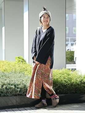 「マキシスカート」｜「アイテム（チュニック）」を使った、おくぅさん（レディース・156cm）の冬コーディネート