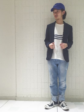 「RAGEBLUE（レイジブルー）のアイテム（キャップ）」を使った、やんぬ(はらだ)さん（メンズ・165cm）の春コーディネート