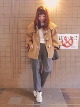 「ハイウエストパンツ」｜「アイテム（ダッフルコート）」を使った、ayanoさん（レディース・153cm）の冬コーディネート
