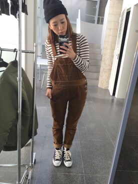 「アイテム（サロペット/オーバーオール、イエロー系）」を使った、ayanoさん（レディース・153cm）の冬コーディネート