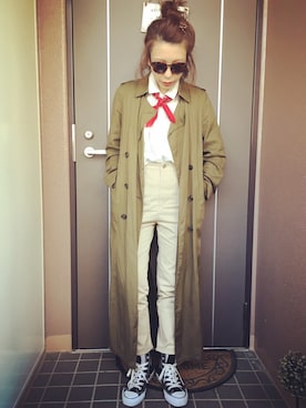 「バンダナ」｜「アイテム（ダッフルコート）」を使った、ayanoさん（レディース・153cm）の春コーディネート