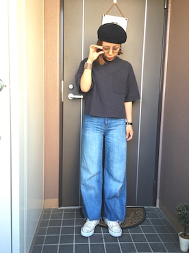 「Tシャツ×デニム」｜「アイテム（ハンチング/ベレー帽）」を使った、ayanoさん（レディース・153cm）の春コーディネート