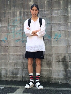 「AUGUSTE PRESENTATION（オーギュストプレゼンテーション）のアイテム（Tシャツ/カットソー、ホワイト系）」を使った、木村匡佑さん（メンズ・185cm）の夏コーディネート