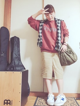 「フランネルシャツ」｜「アイテム（スウェット）」を使った、meguさん（レディース・153cm）の秋コーディネート