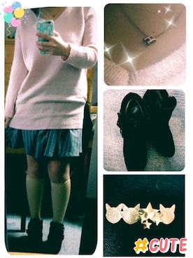 「ピンクニット」｜ネックさん（レディース・152cm）の冬コーディネート