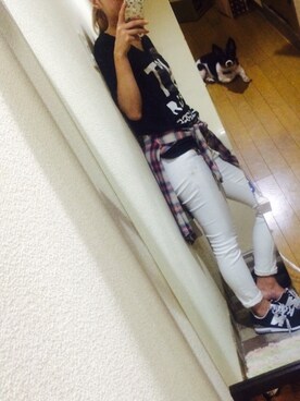 「HELLZのアイテム（Tシャツ/カットソー、ブラック系）」を使った、HaNaさん（レディース・157cm）の夏コーディネート