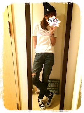 「B:MING by BEAMS（ビーミングバイビームス）のニット帽（ニットキャップ/ビーニー、ブルー系）」を使った、まりちんさん（レディース・162cm）の春コーディネート