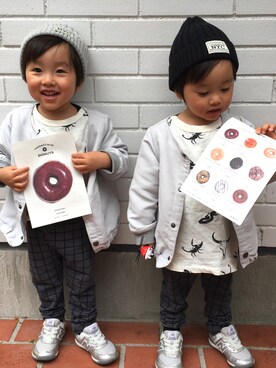 「双子コーデ」｜「アイテム（ノーカラージャケット）」を使った、haku♡sakuさん（キッズ・90cm）の春コーディネート