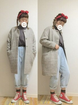 「バンダナ」｜「アイテム（ノーカラージャケット）」を使った、☆★gizmo★☆さん（レディース・159cm）の冬コーディネート