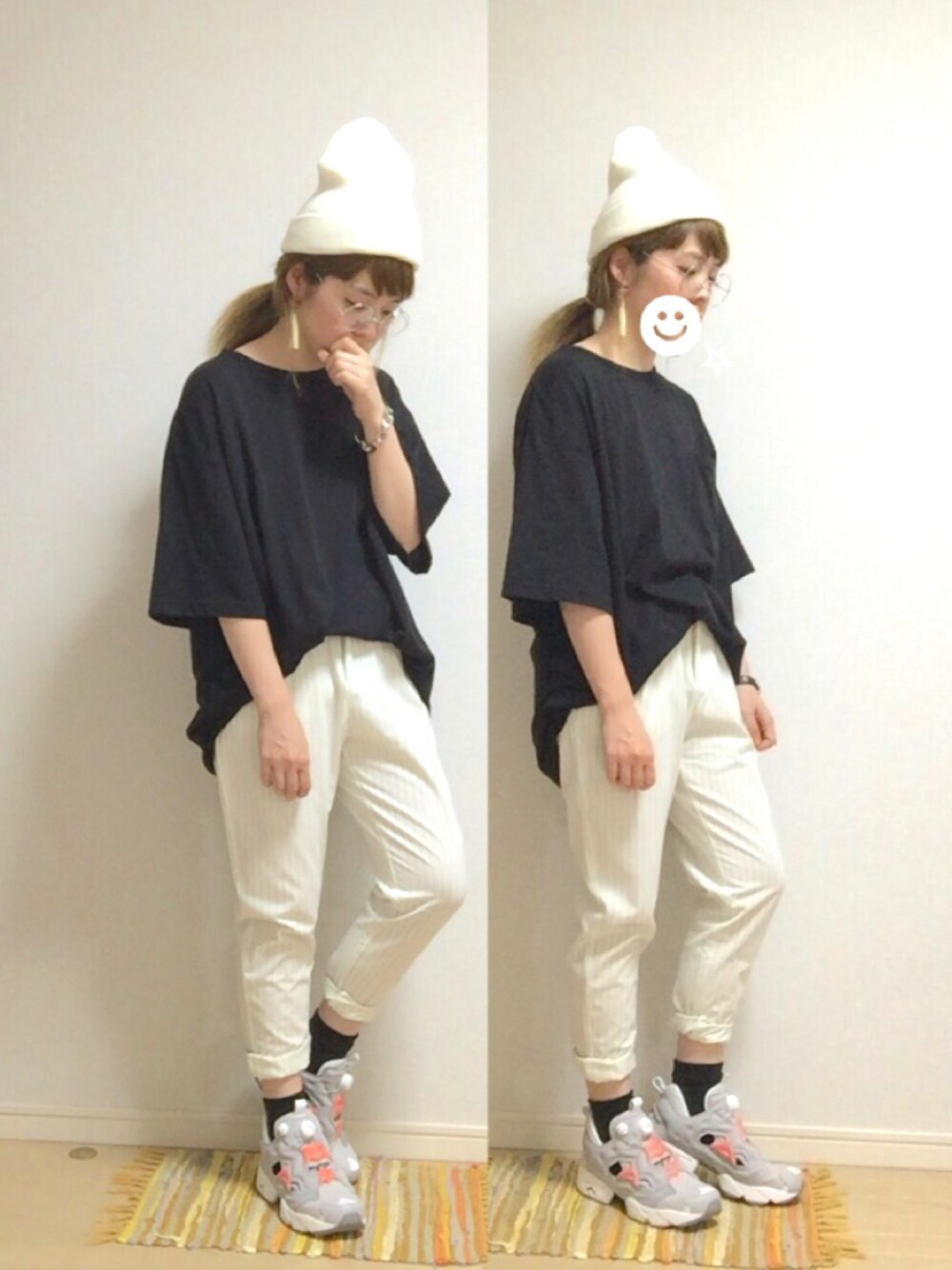 ブラック系のTシャツ/カットソー、ホワイト系のパンツ、グレー系のスニーカーを着用したレディースの春コーディネートの1枚目の写真