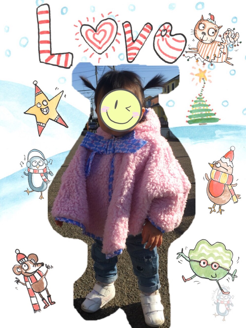 「1歳、1歳1ヶ月、fafa、GAP」｜「fafaのアイテム（ポンチョ、ピンク系）」を使った、じまじろうさん（キッズ・90cm）の冬コーディネートの1枚目の写真